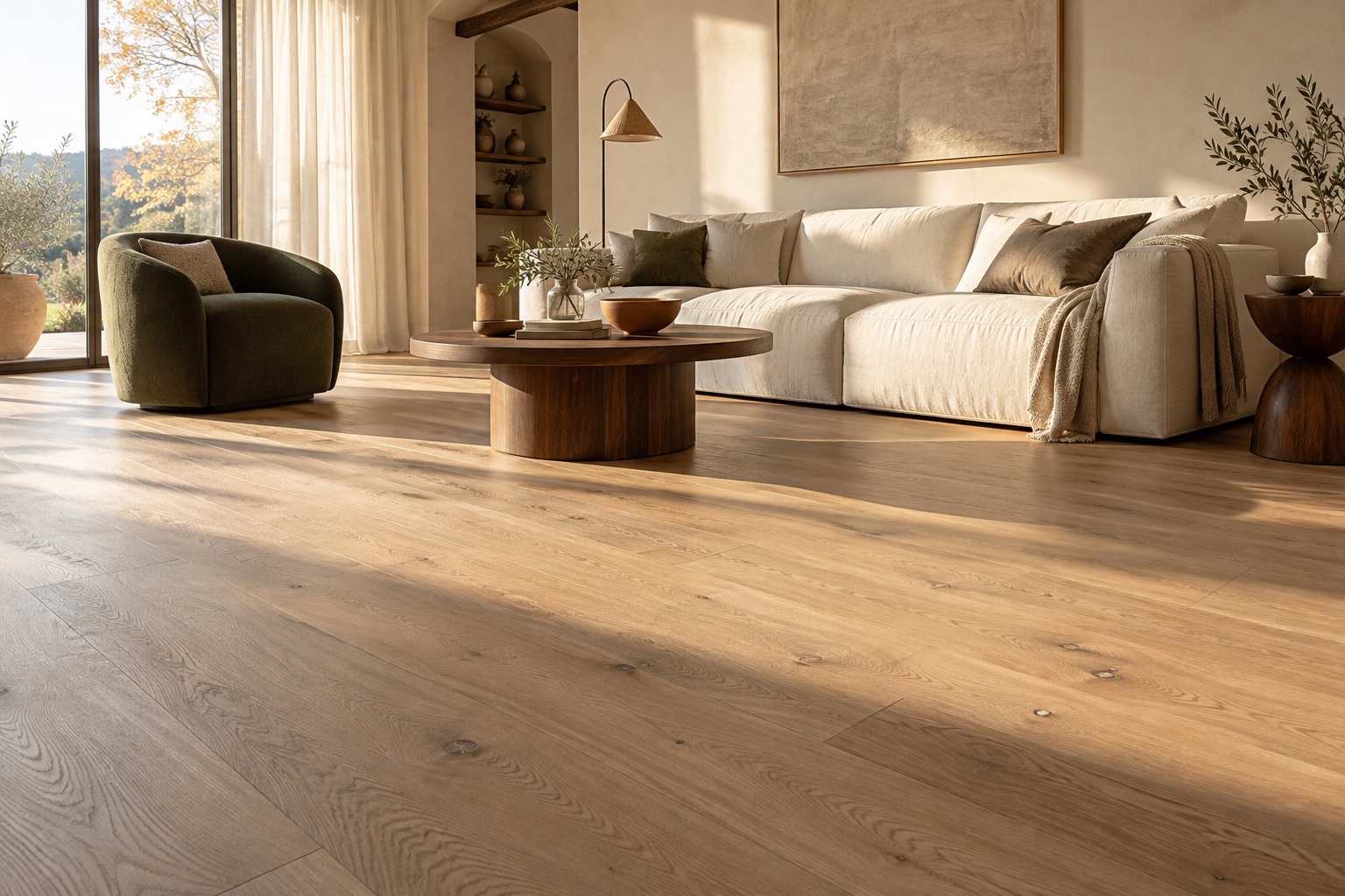 Natural oak flooring in a sunlit living room
